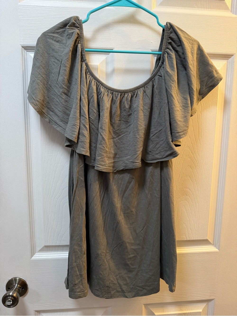 Woman Within Gray Off-Shoulder Ruffle Blouse